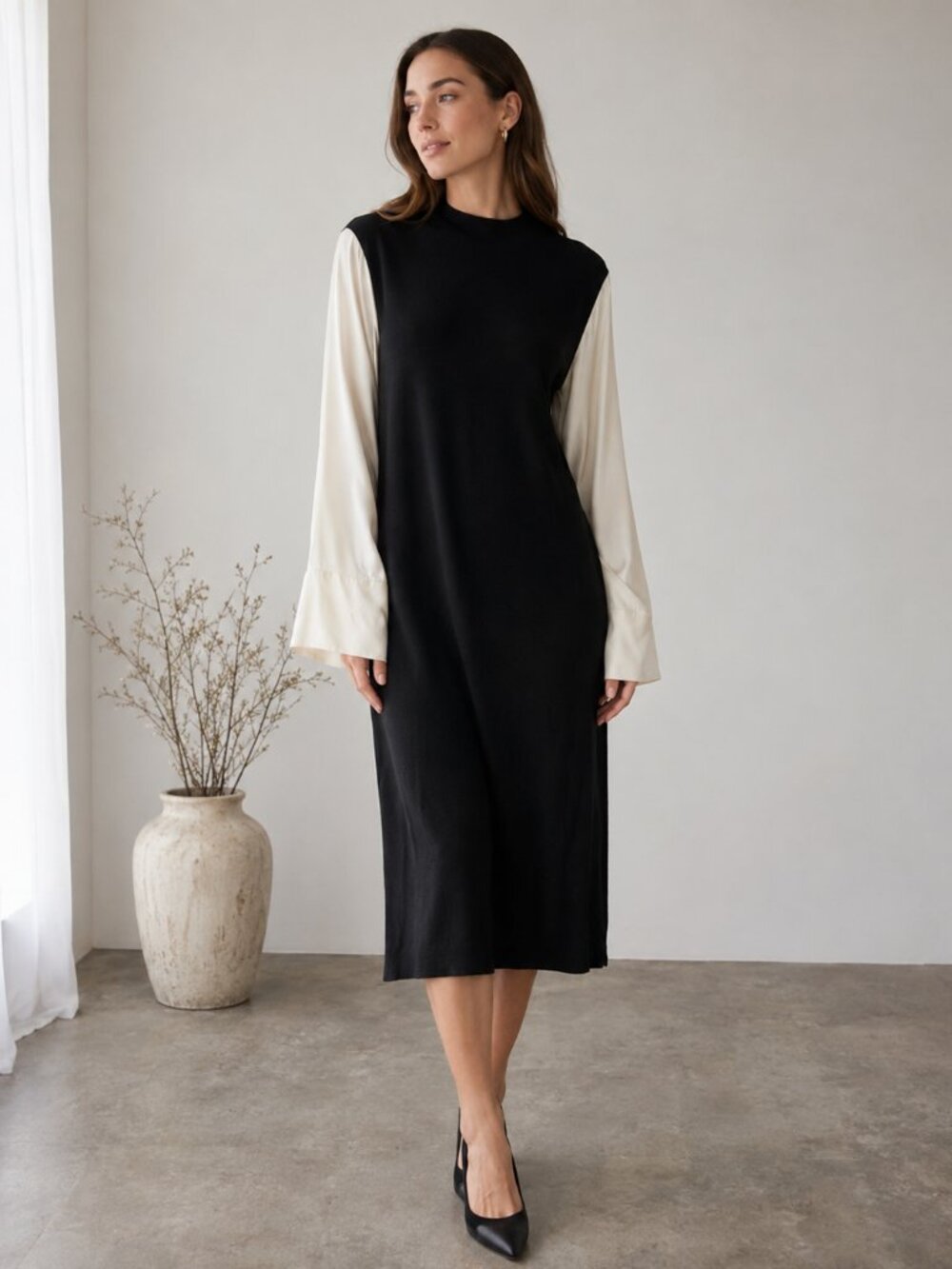 COS Black and Cream silk sleeved dress size Medium